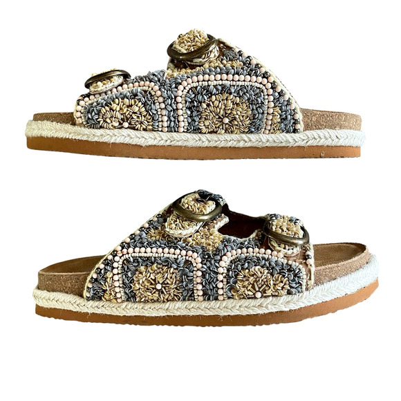 NEW HOUSE OF HARLOW 1960 Women's Size 8.5 Beaded Buckle Flat Slides Boho Sandals - Picture 7 of 11